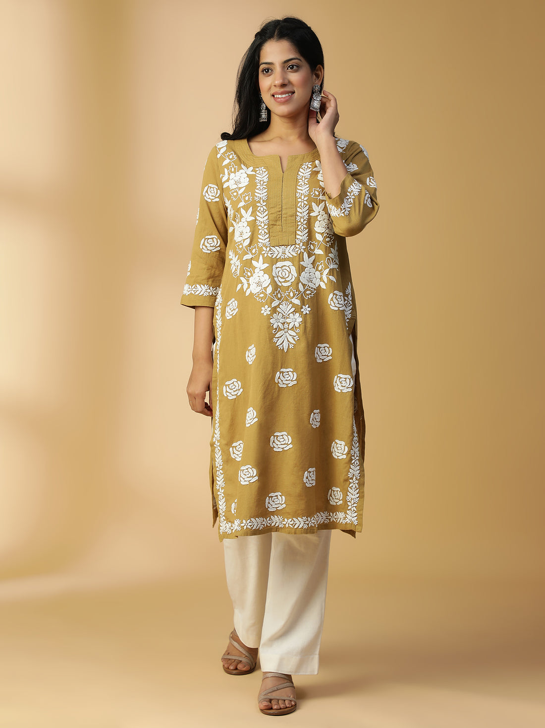 HAND EMBROIDERED DARK BEIGE COTTON LUCKNOWI CHIKANKARI STRAIGHT KURTA CH0152