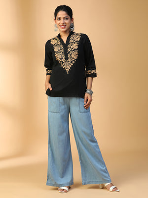 Hand-Embroidered Black Cotton Lucknow Chikankari Short Top with Mandarin Collar CH0261/Black/0225