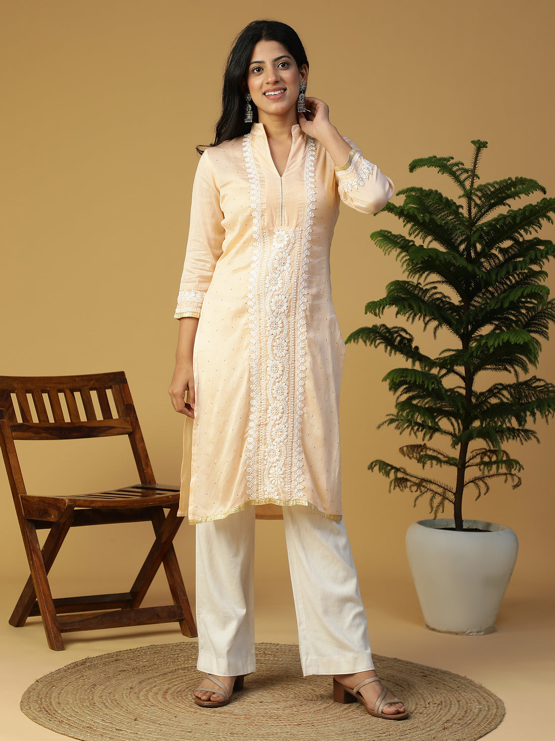 Hand Embroidered Peach Lucknowi Chikankari Chanderi kurta with Mukaish work CH0020B