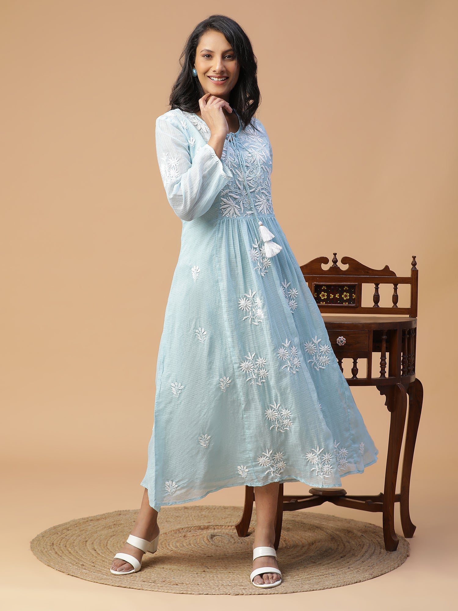 Chikankari Powder blue Kota Cotton Kurta with Neck Dori Delight