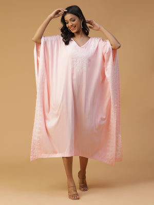 Pastel Pink Cotton Chikankari Kaftan