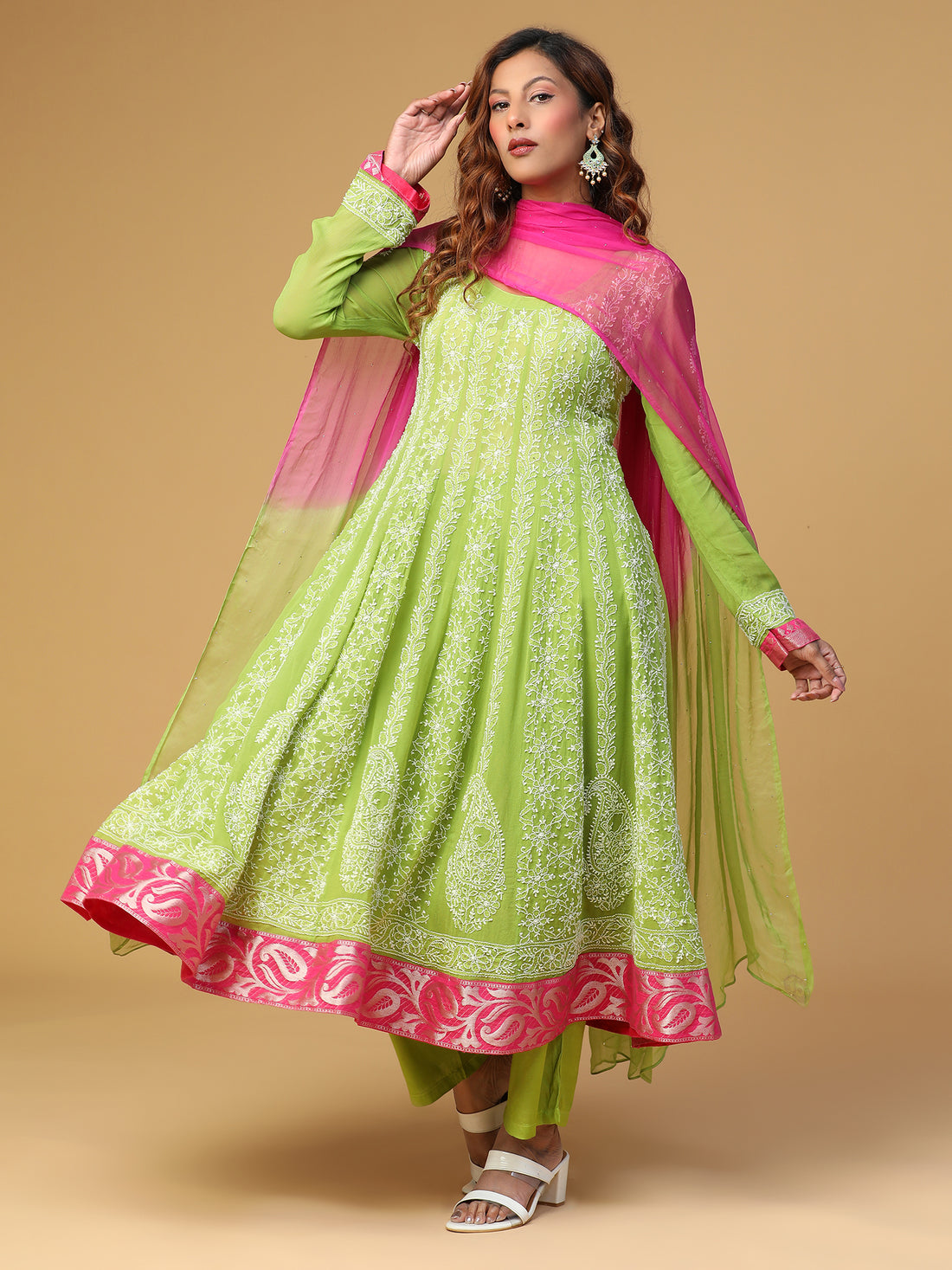 Semal Hand Embroidered Georgette Parrot Green Anarkali Chikankari Kurta with Dupatta Set