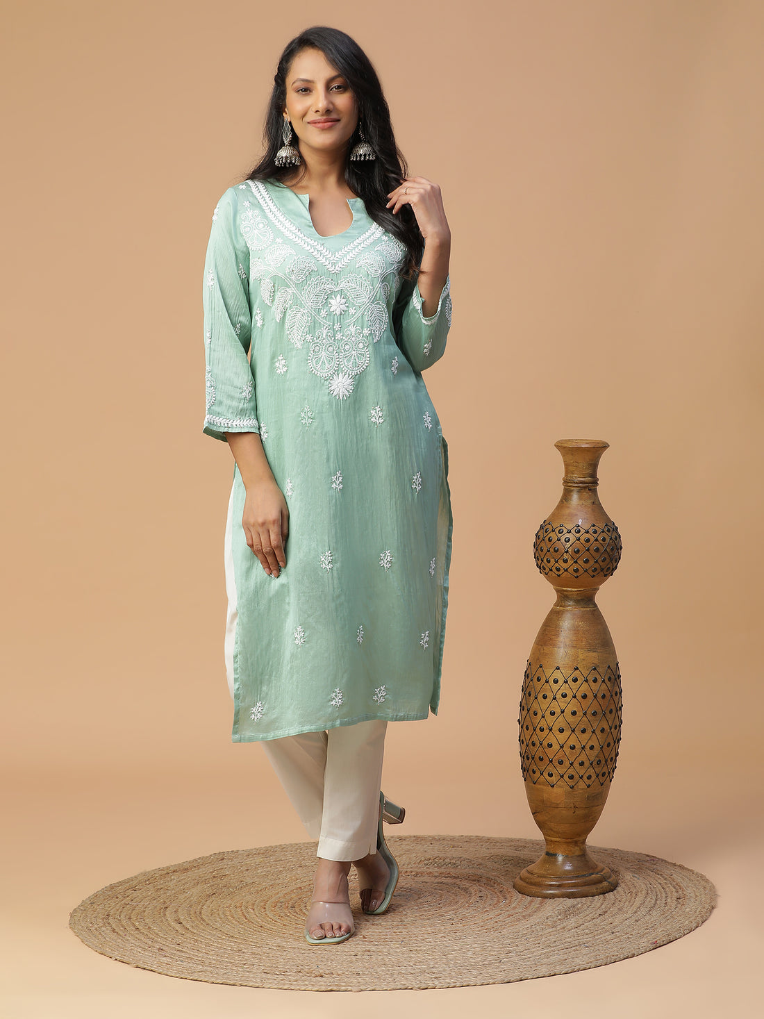 Semal Hand Embroidered Green Chanderi Lucknowi Chikankari Straight Kurta CH0016