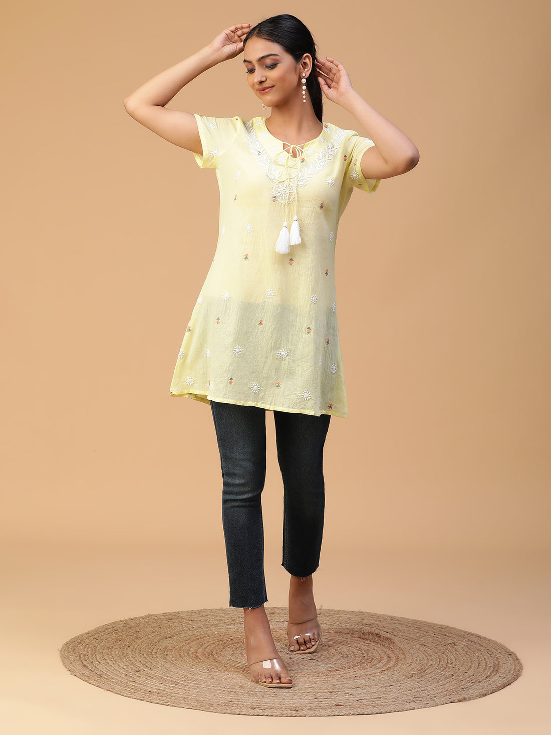 Yellow Bliss Lucknowi Chikankari Handloom Jamdani Top