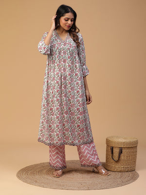 Hand Block Printed White A-line Kurta With Pants Set Blk_002