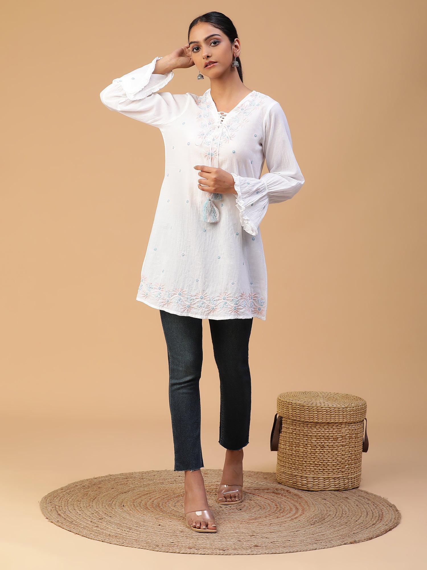 Chikankari Handloom Mulmul Cotton Top with Neck Dori Detailing