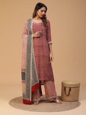 Hand Block Printed Maroon Straight Kurta With Pants And Dupatta Set Blk_001