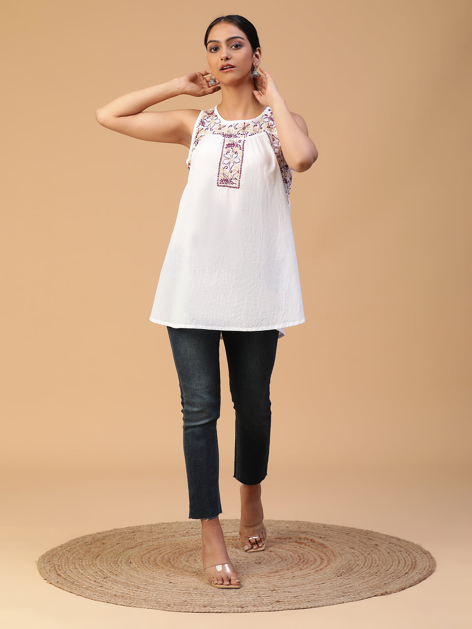 Effortless Chic: Chikankari Handloom Mulmul Cotton Sleeveless Top with Yoke Gather