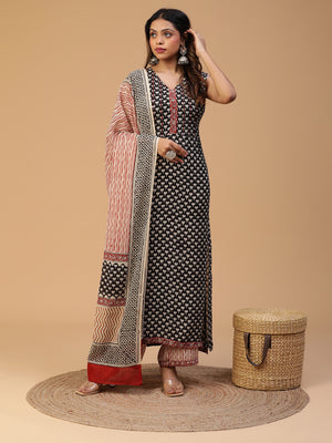 Hand Block Printed Black Straight Sleeveless Kurta With Pants and Dupatta Set Blk_003