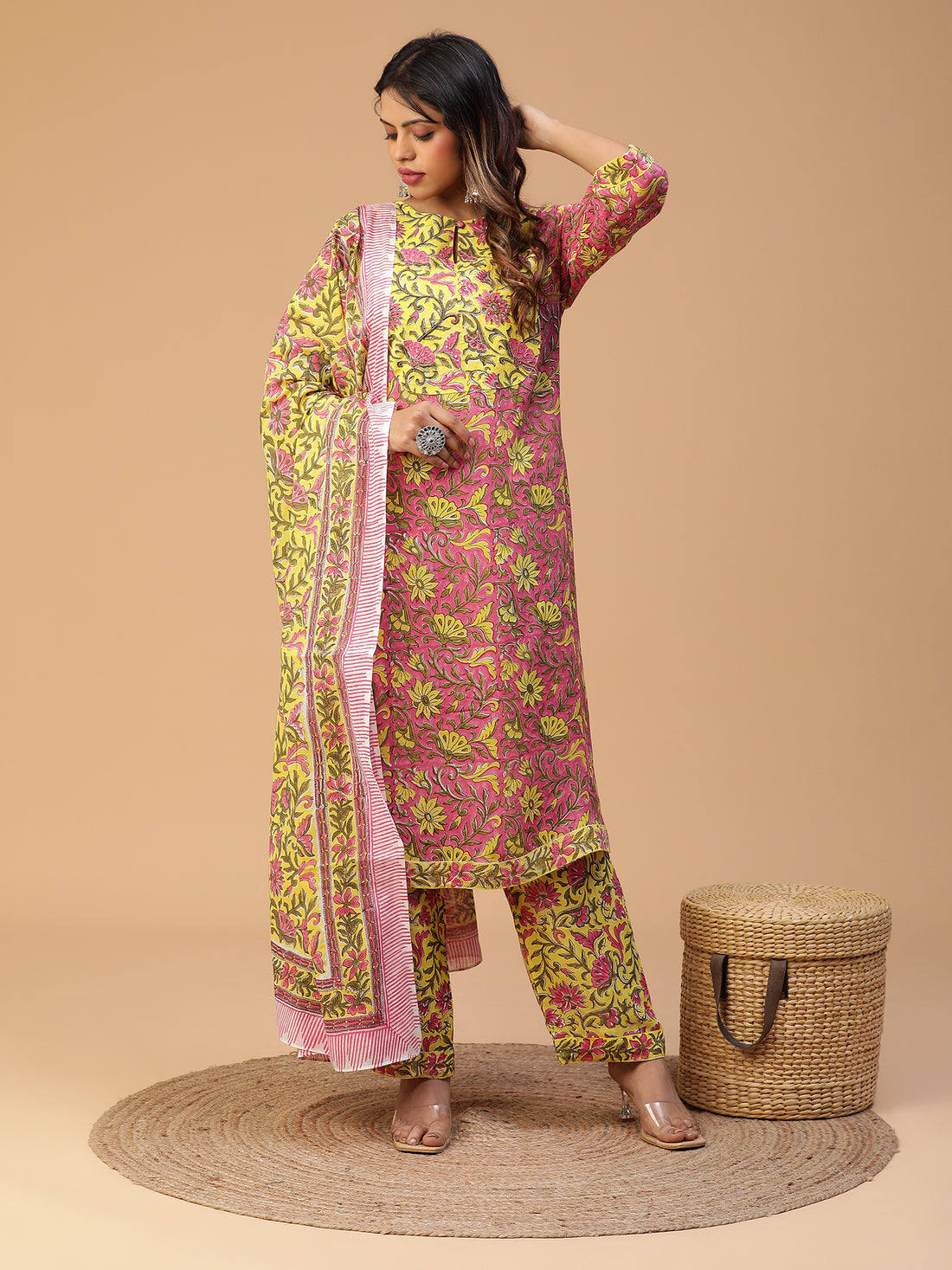 Hand Block Printed Pink A-line Yoke Kurta With Pants and Dupatta Set Blk_004