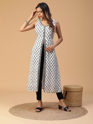 Hand Block Printed White Straight Front Slit Open Kurta Blk_007