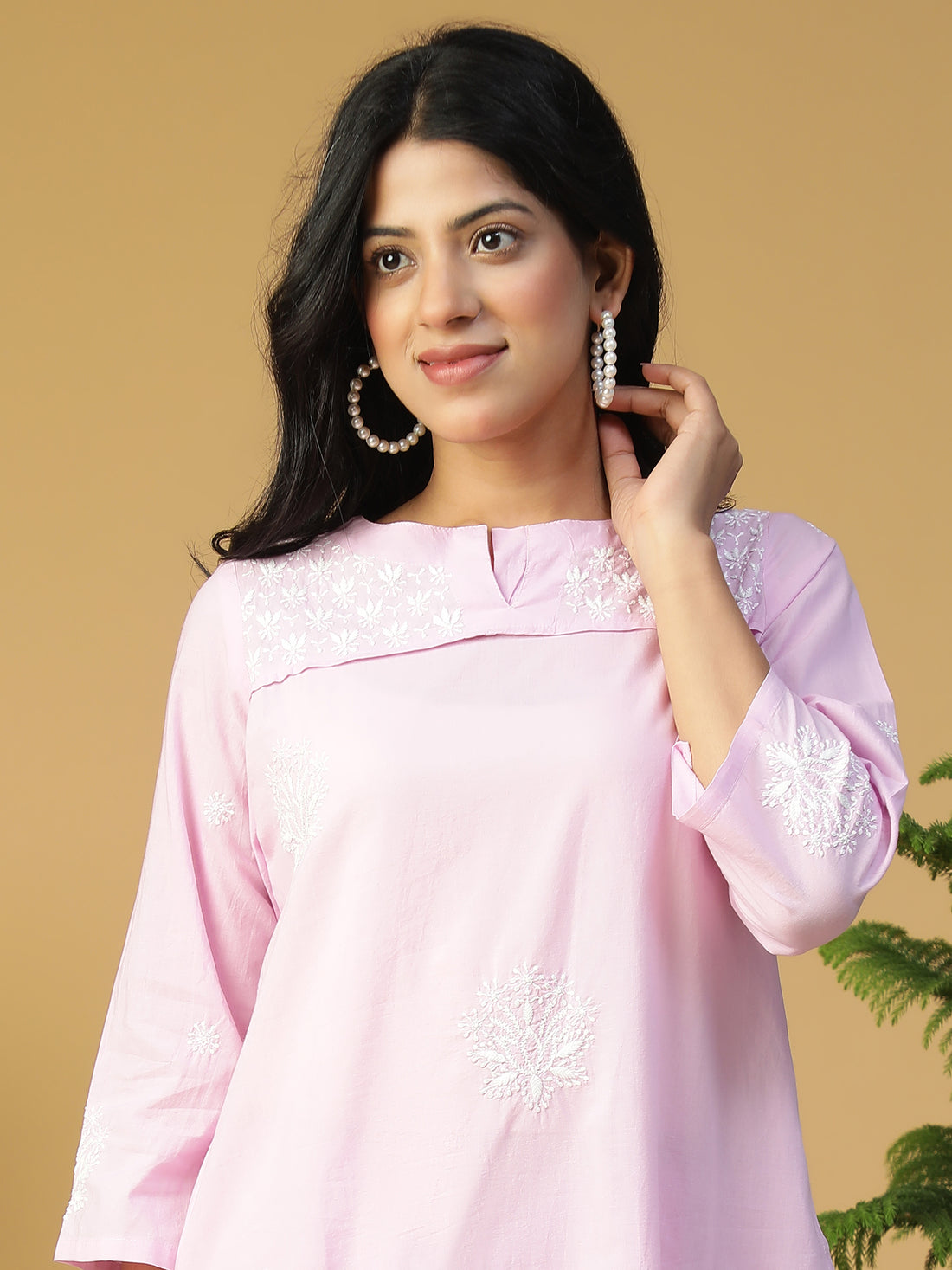 Hand Embroidered Levender Cotton Lucknowi Chikankari Yoke Design Kurta With Pants CH0245