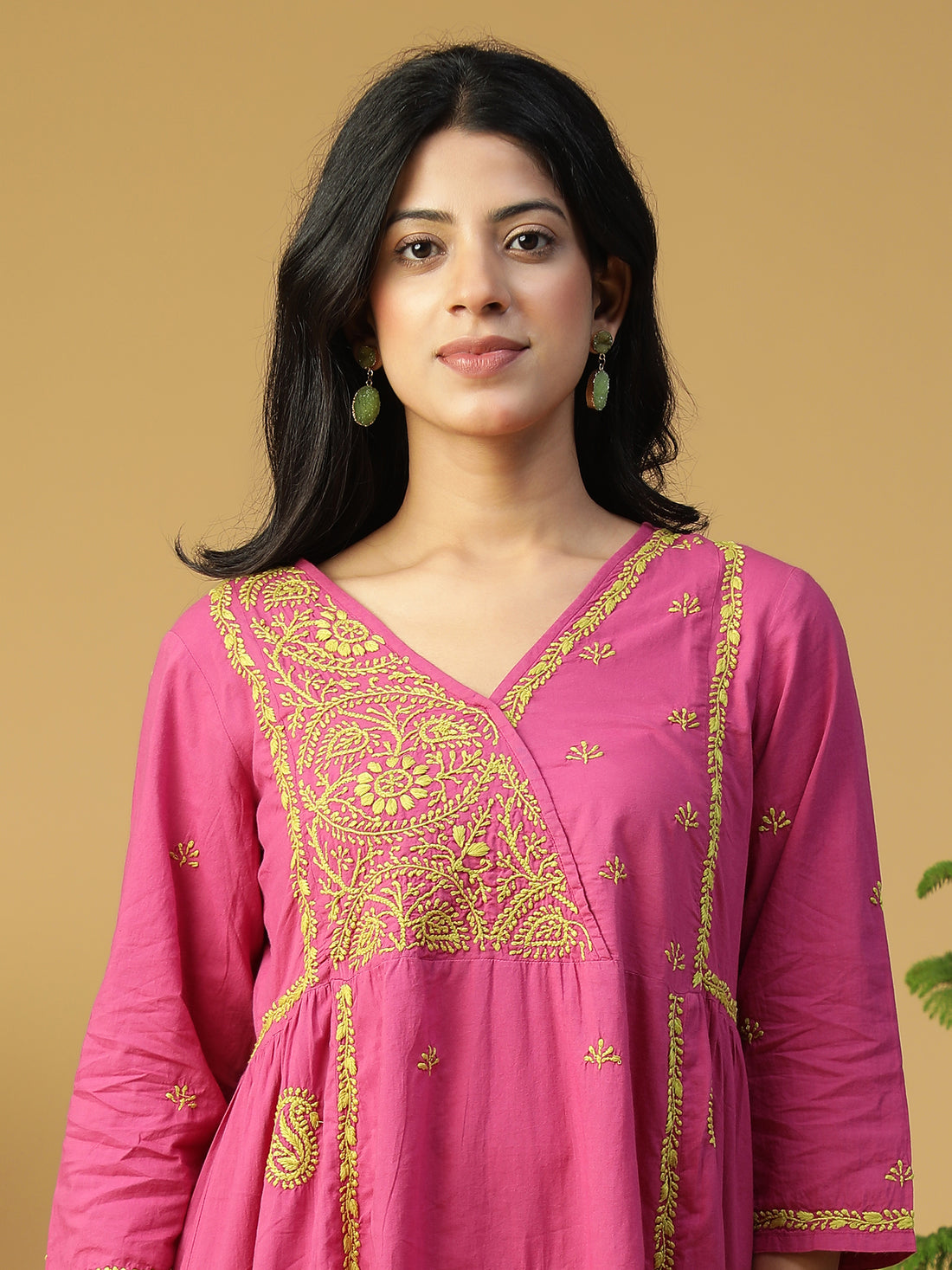 Hand Embroidered Magenta Cotton Lucknowi Chikankari Angrakha Neck Side Gathered Kurta With Pants CH0232