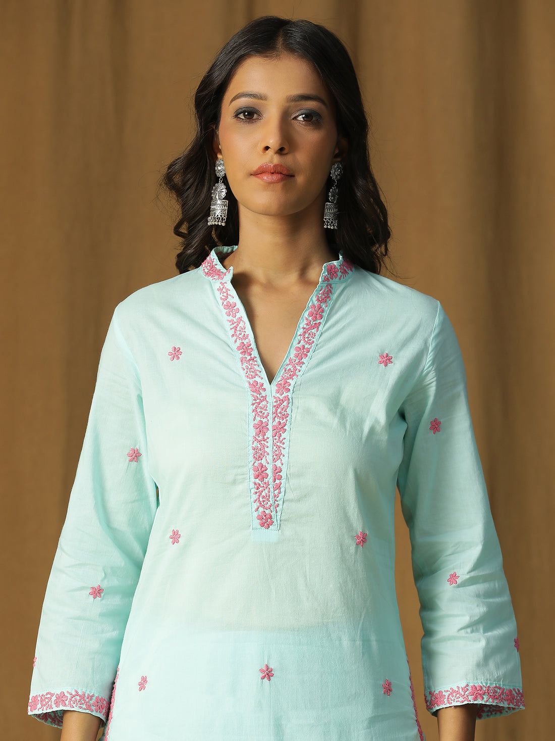 Overlap V-Neck and Straight Kurta Set in Soft Blue with Pink Chikankari