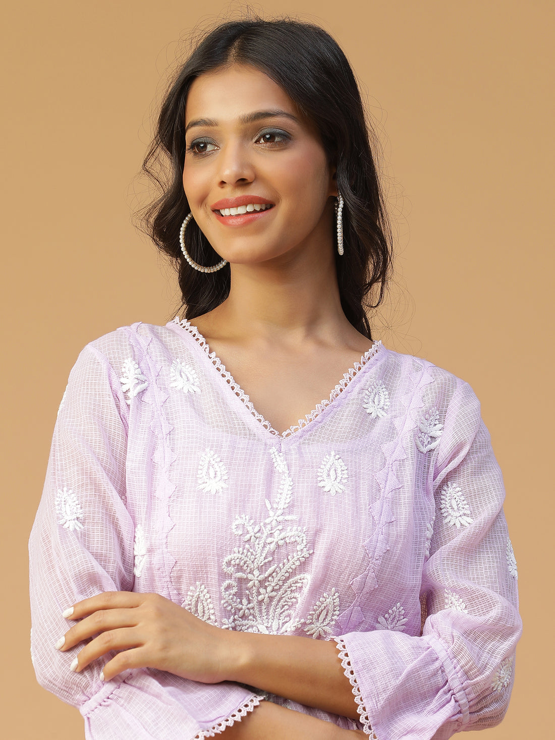 Chikankari A-line Kota Doria kurta with Applique work