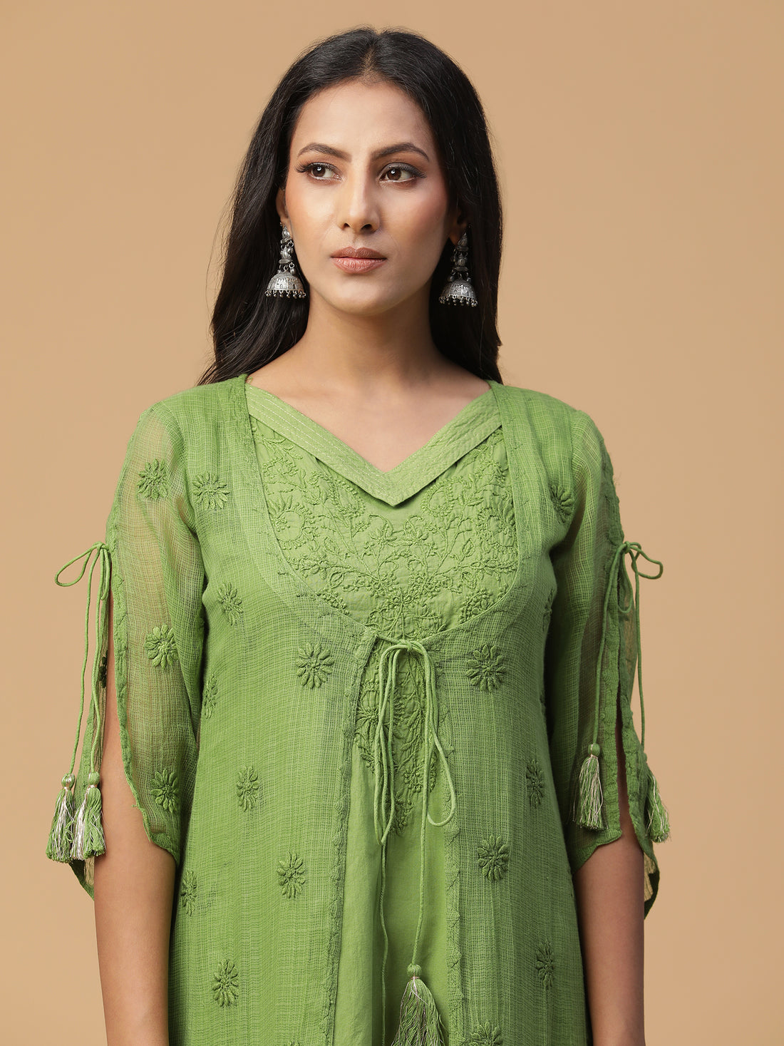 Chikankari cotton green dress with Kota doria attached shrug