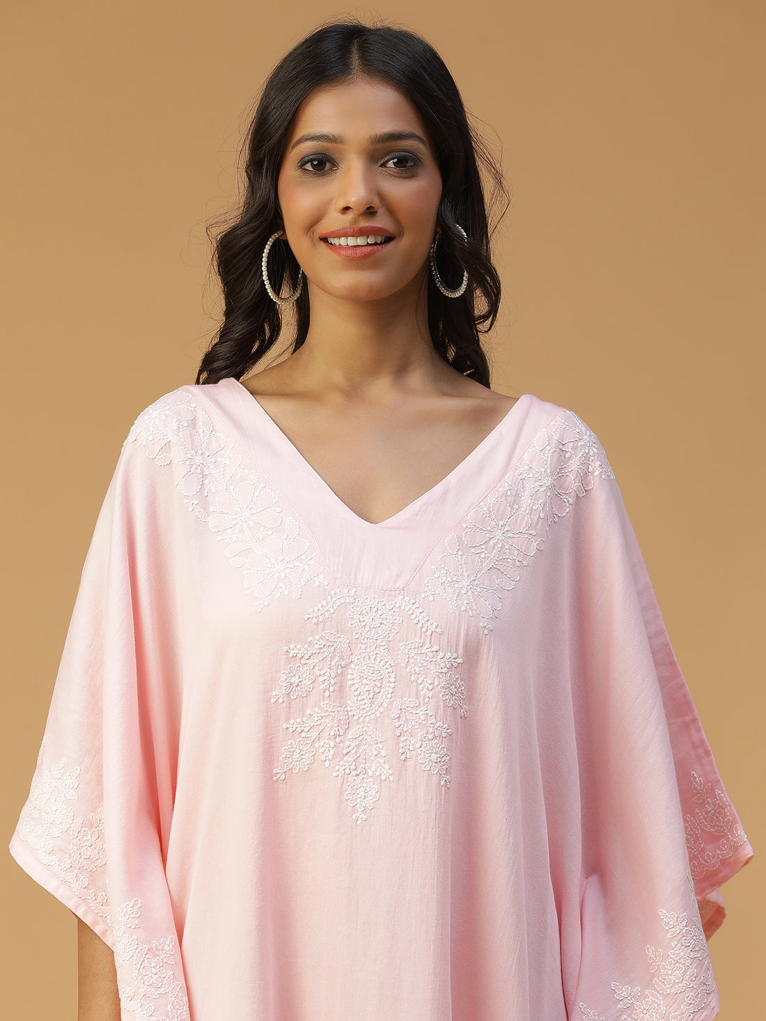 Pastel Pink Cotton Chikankari Kaftan