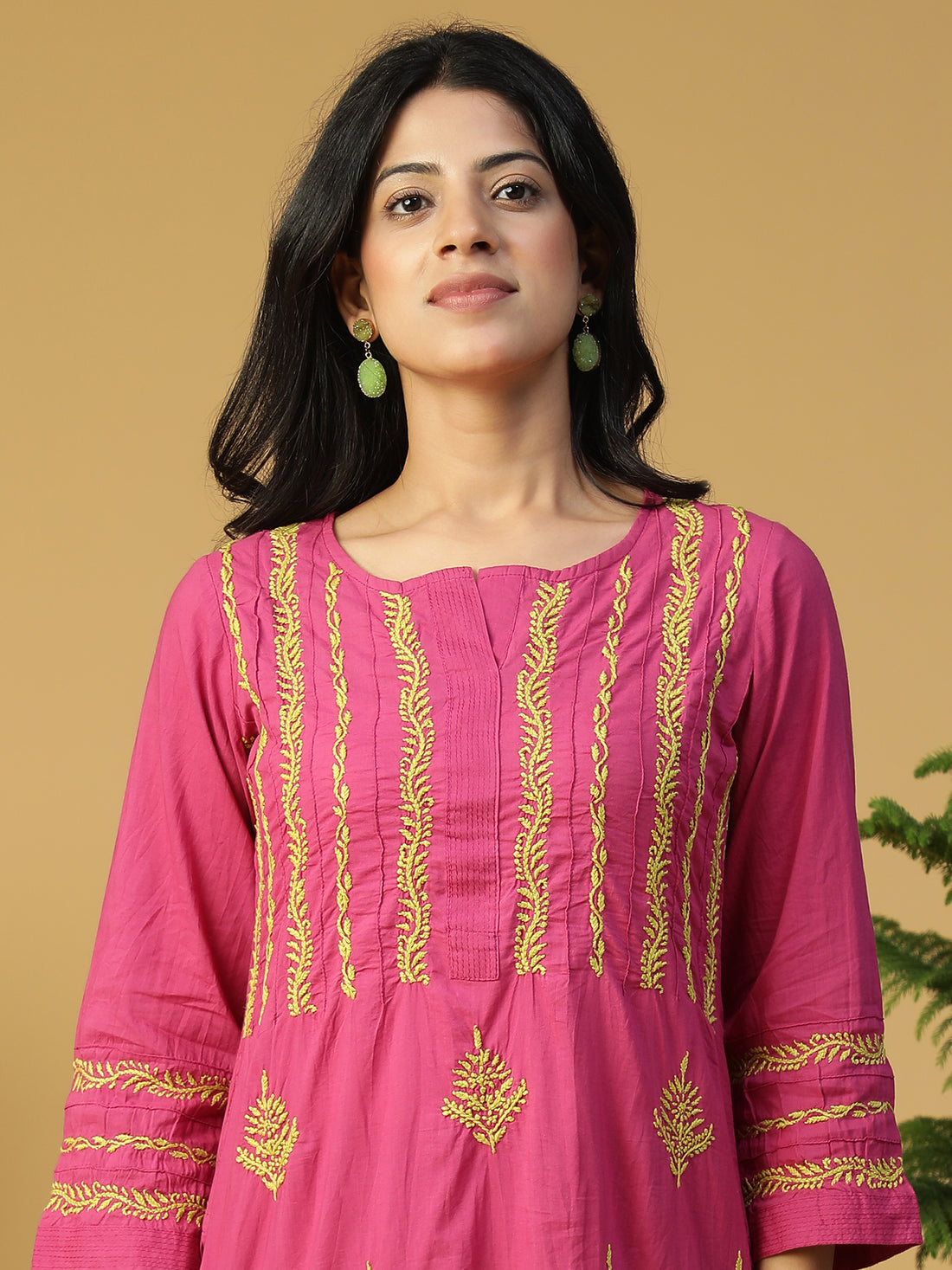 Hand Embroidered Lucknowi Chikankari Cotton Magenta Pintuck Yoke Kurta With Pants Set CH0227