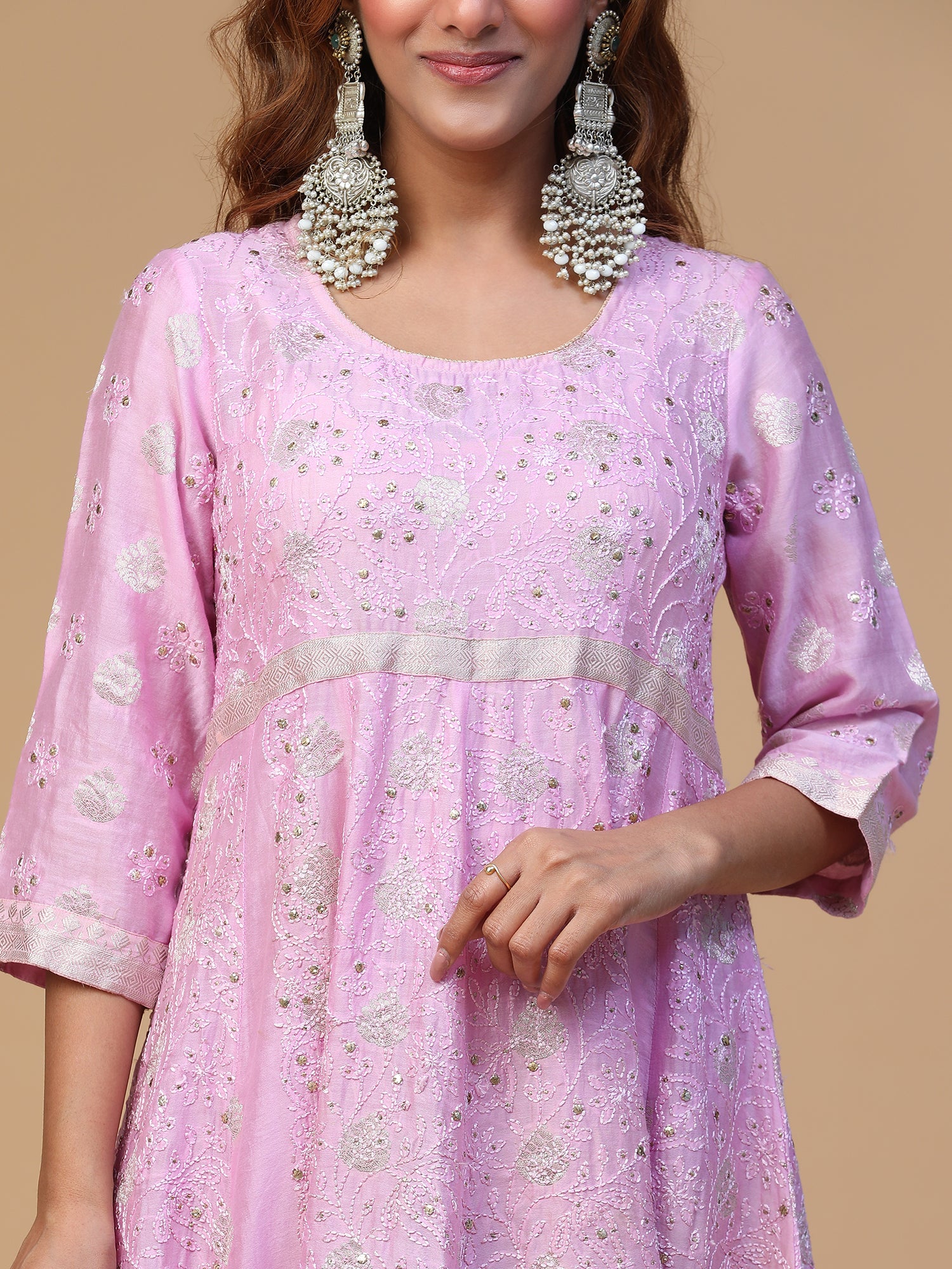 Semal Hand Embroidered Purple Banrasi Chanderi Lucknowi Chikankari Kali Kurta Set