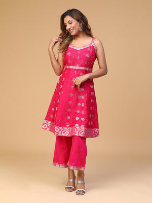 CHIKANKARI CHANDERI SPAGHETTI KURTA WITH DUPATTA AND PANTS SET