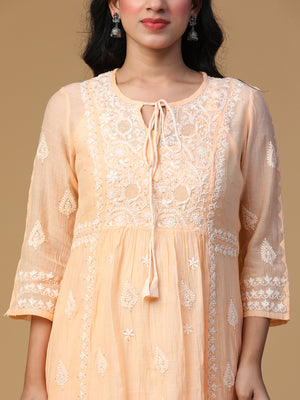 Semal Hand Embroidered Peach Glow Festive Mul Chanderi Chikankari Kurta Set