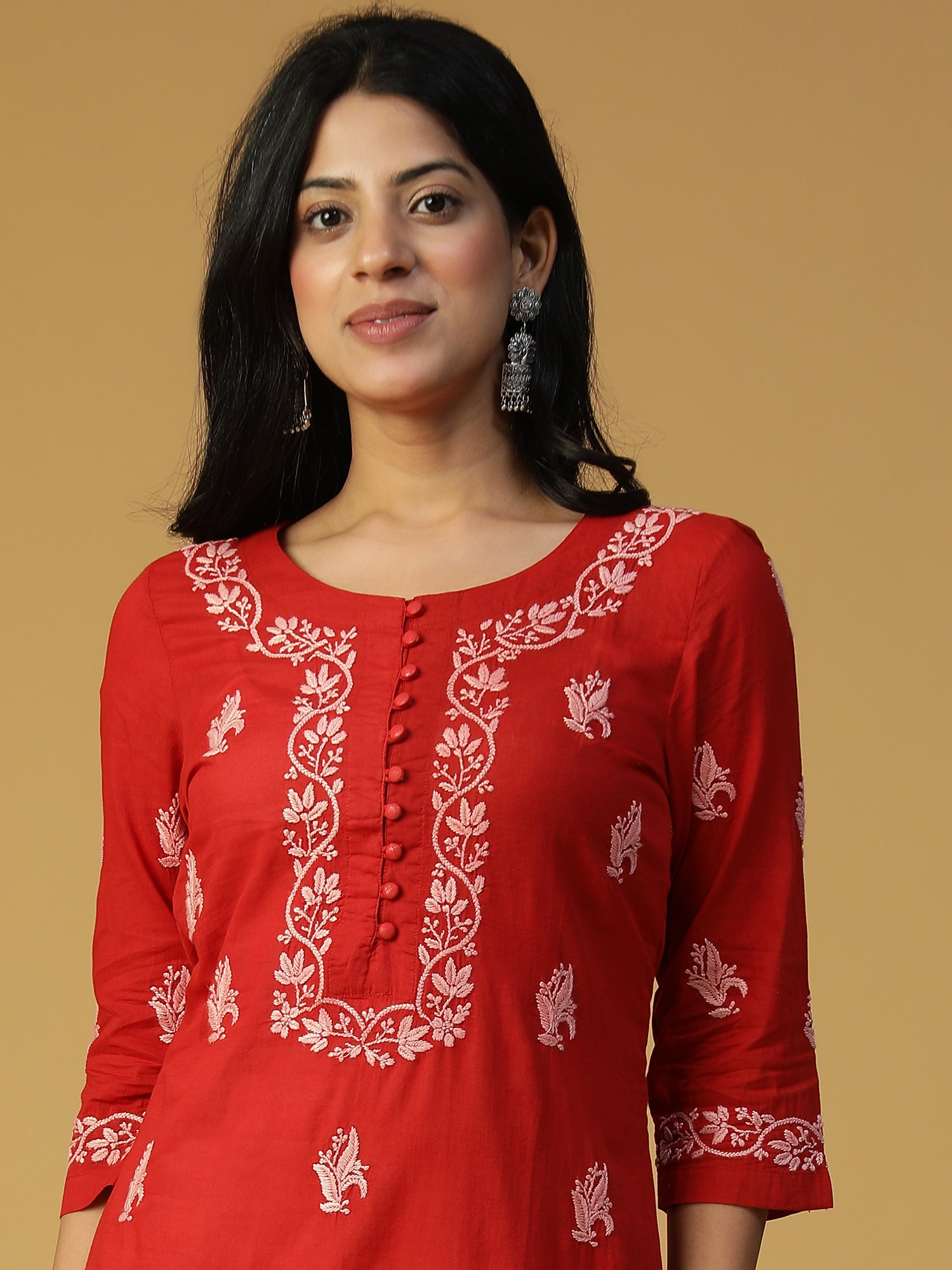 Hand Embroidered Lucknowi Chikankari Cotton Red Straight Kurta CH0002B