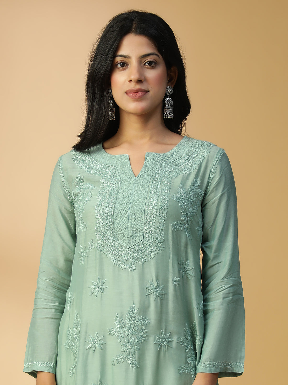 Hand Embroidered Lucknow Chikankari Straight Basil Green Muslin Kurta CH0169