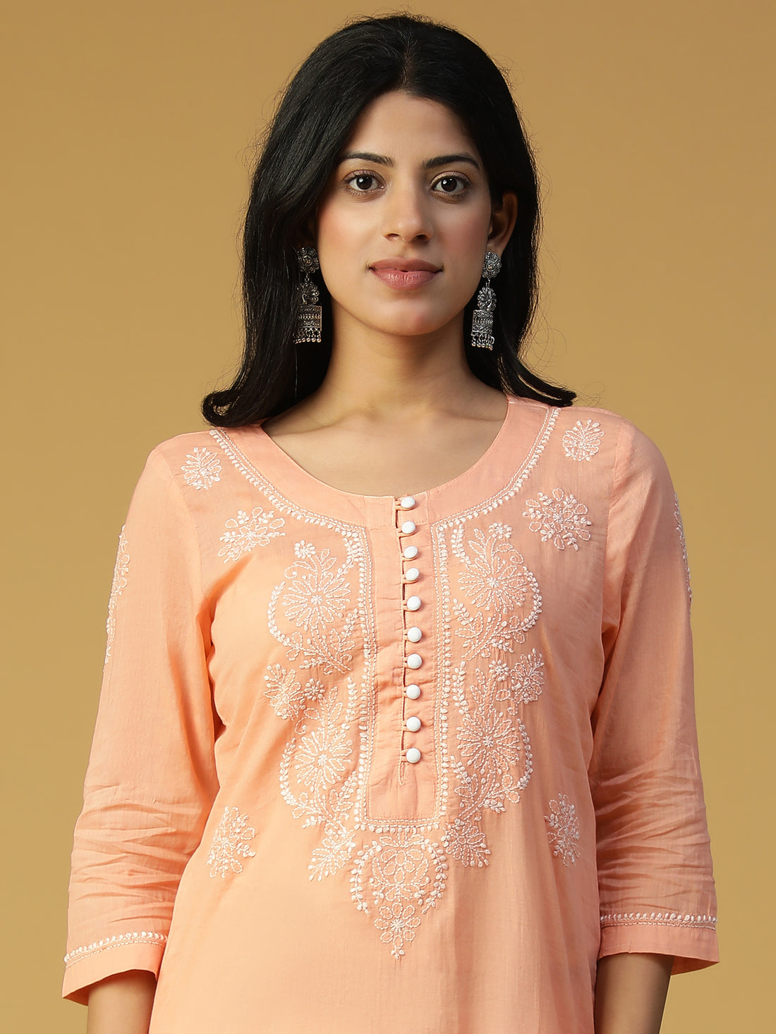 Hand Embrioidered Peach Cotton Lucknowi Chikankari Straight Potli Button Kurta CH0002D