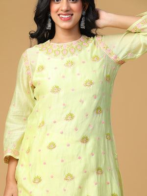 Semal Hand Embroidered Chanderi Pishta Green Lucknow Chikankari Straight Kurta Set