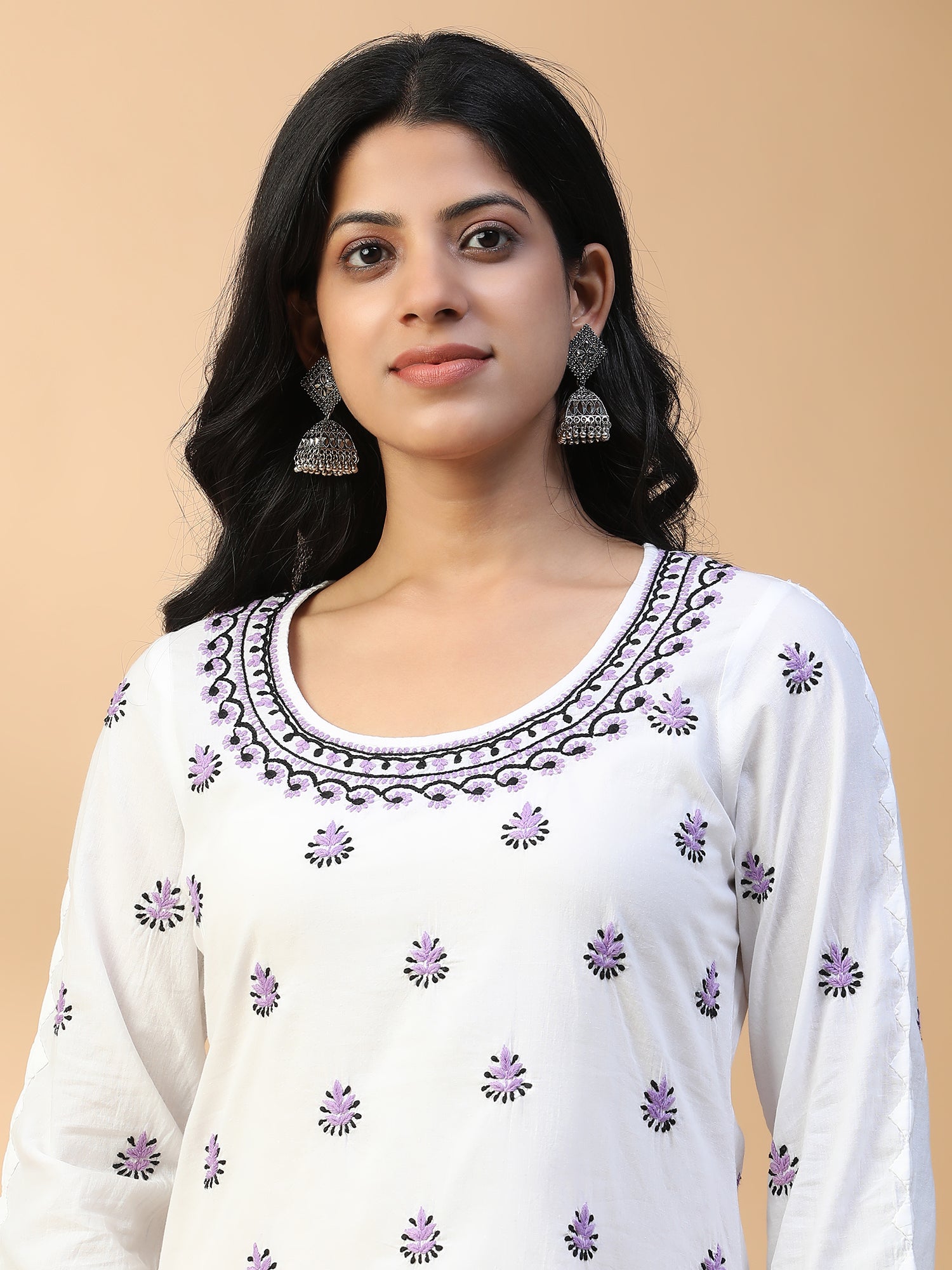 Hand Embroidered Purple Orchid Ensemble White Cotton Kurta with Straight Pants Set CH0187