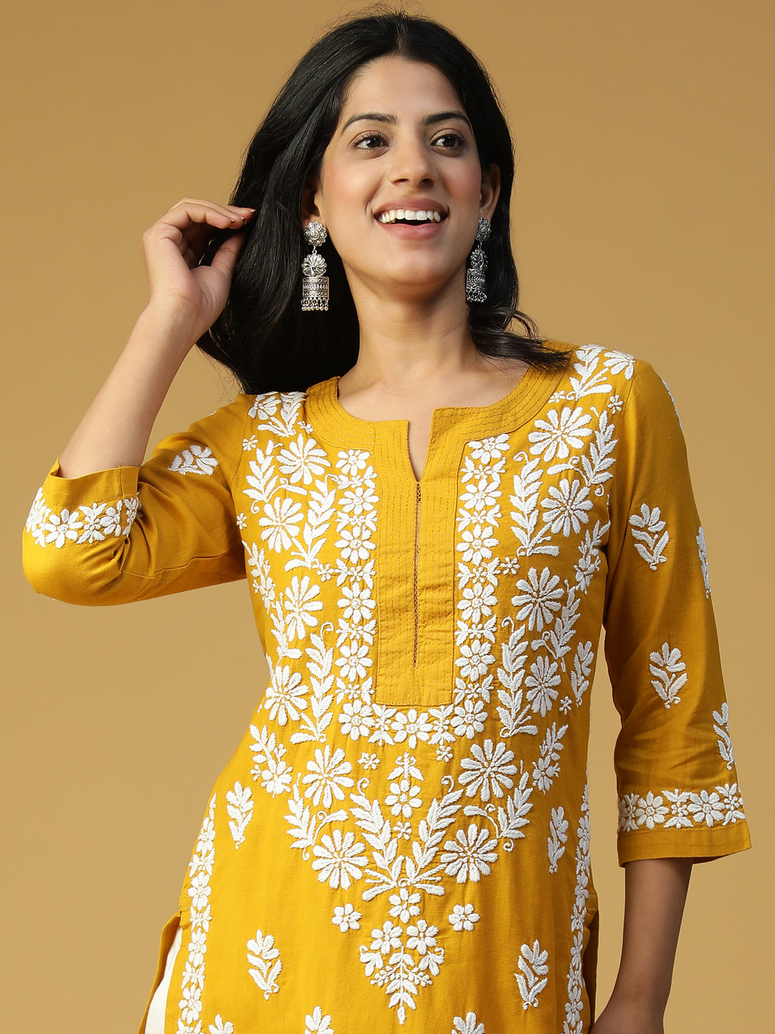 HAND EMBROIDERED MUSTARD COTTON LUCKNOWI CHIKANKARI STRAIGHT KURTA CH0153