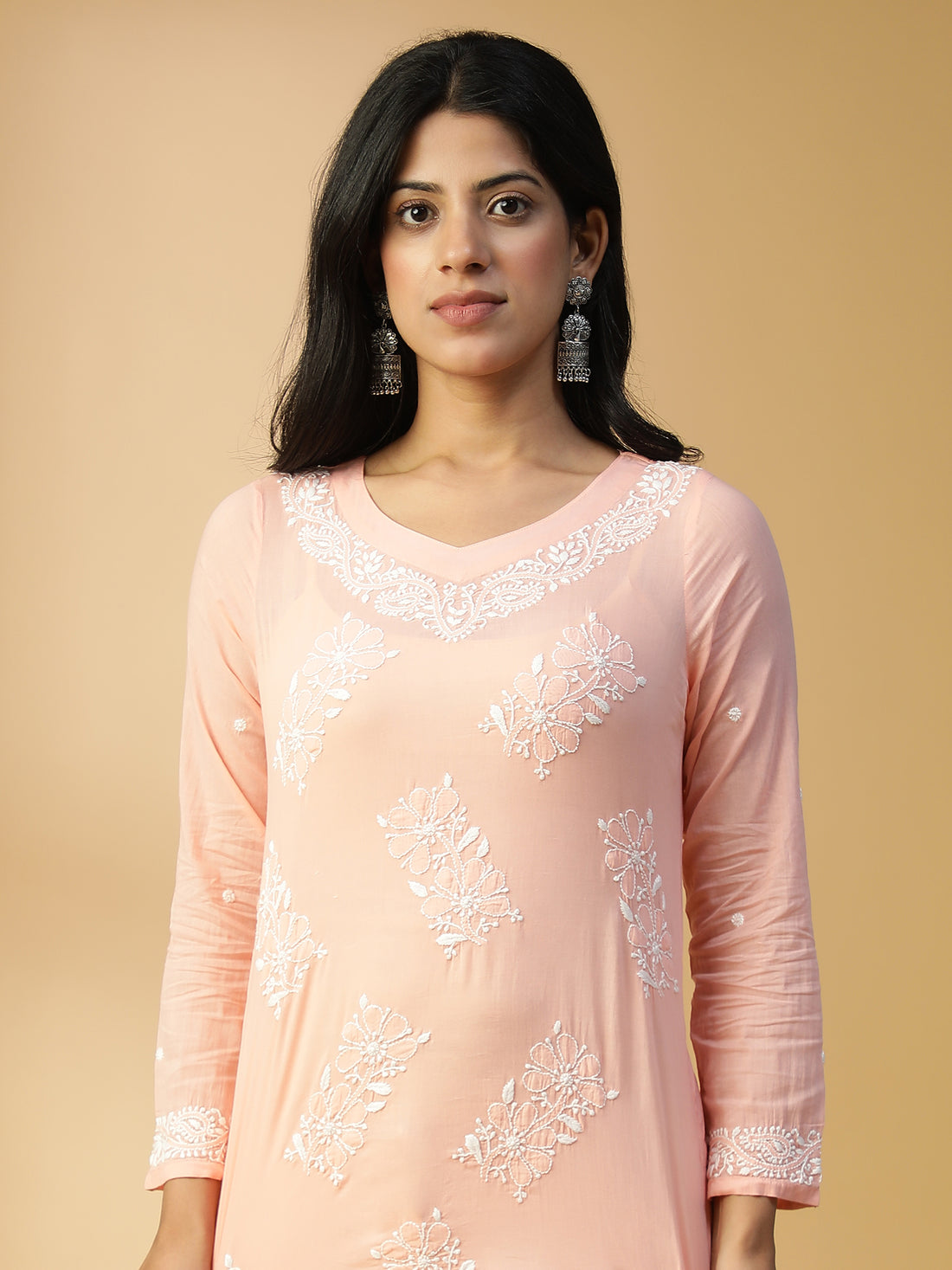 Hand Embroidered Lucknowi Chikankari Cotton Straight Peach Color Kurta CH0007B