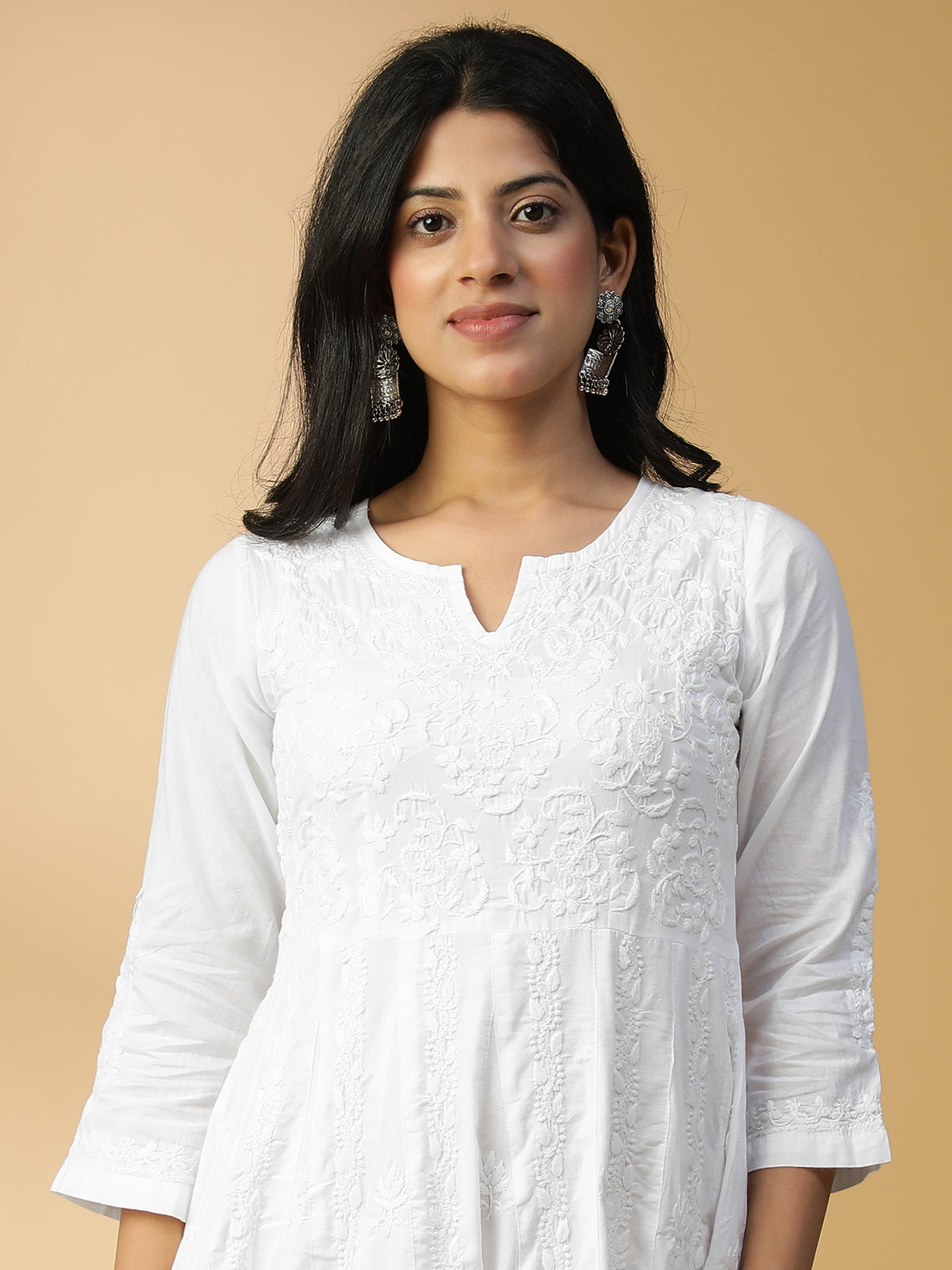 Hand Embroidered Lucknowi Chikankari Cotton Kali White Kurta with Mukaish Work CH0217A