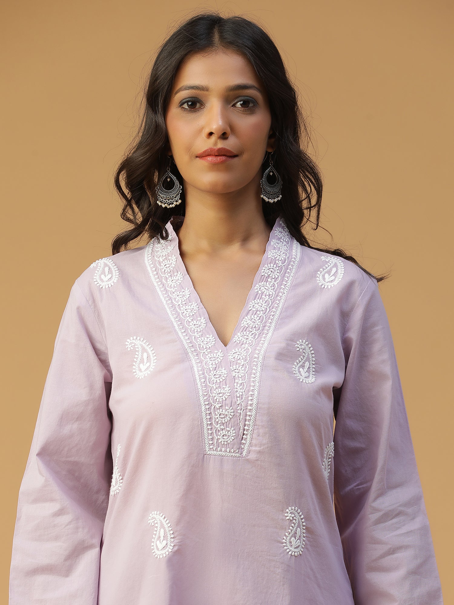 Lavender Bliss Comfortable Cotton Overlap V-Neck Chikankari Kurta Set