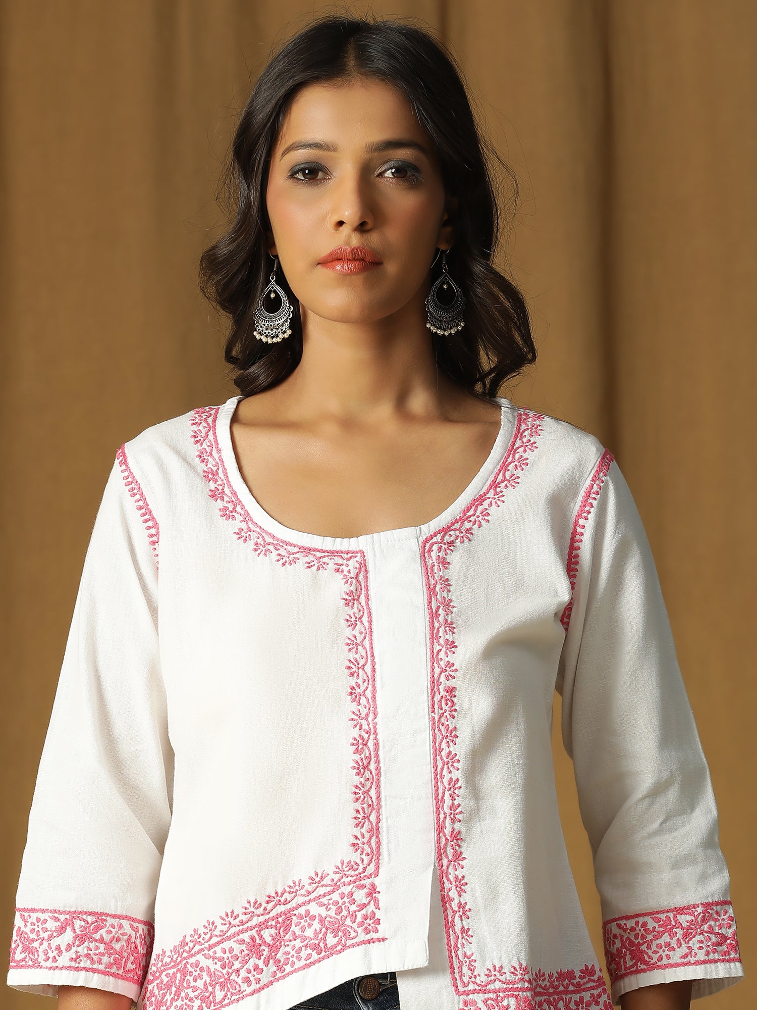 CHIKANKARI A-SYMMETRIC COTTON LINEN SHORT TOP