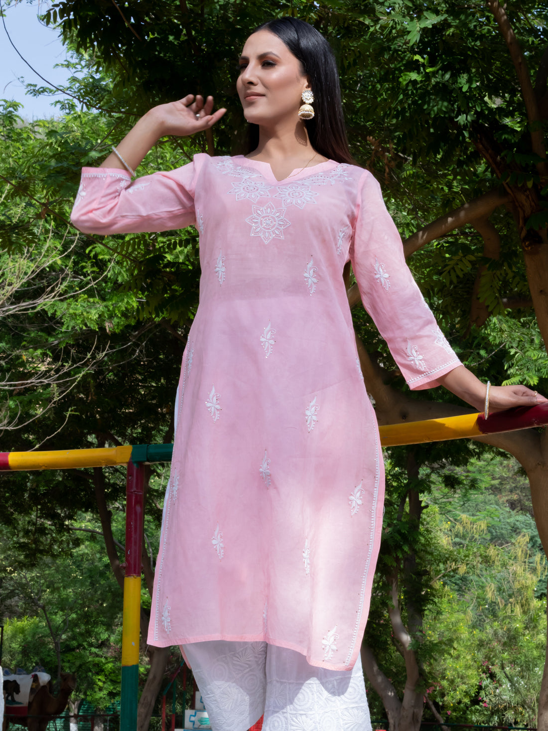 Semal handicrafts Chikankari straight pink kurta