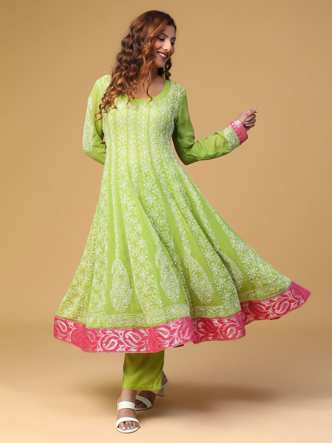 Semal Hand Embroidered Georgette Parrot Green Anarkali Chikankari Kurta with Dupatta Set