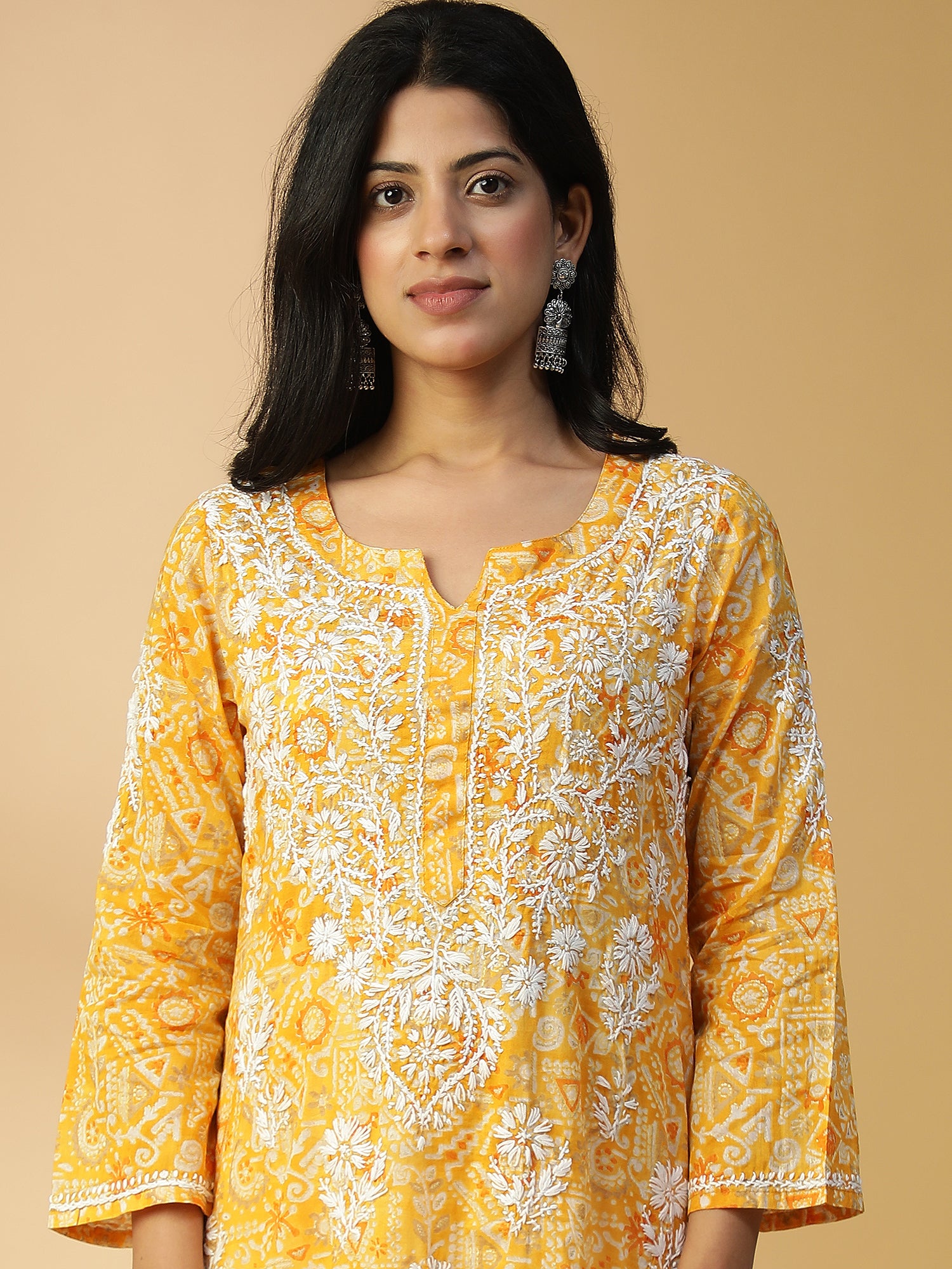 HAND EMBROIDERED GOLD YELLLOW COTTON LUCKNOWI CHIKANKARI PRINTED KURTA CH0156