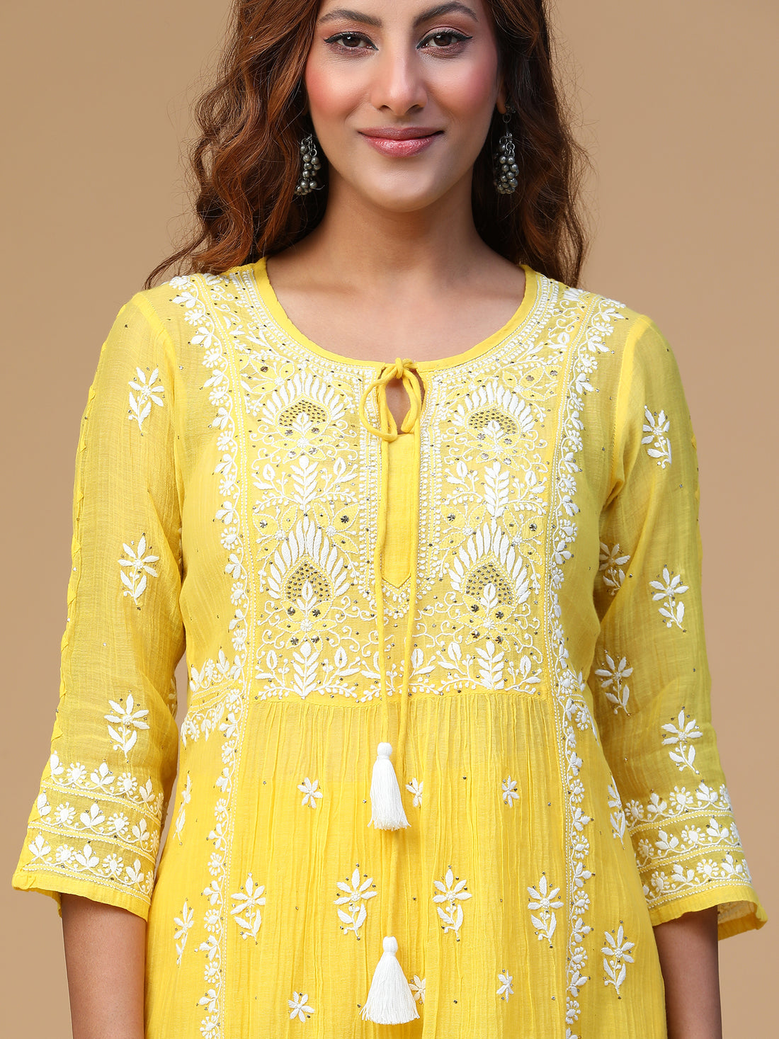 Golden Glow Festive Mul Chanderi Chikankari Kurta Set