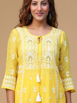 Semal Hand Embroidered Golden Glow Festive Mul Chanderi Lucknowi Chikankari Kurta With Pants Set CH0198A