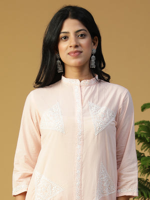 Hand Embroidered Cotton Lucknowi Chikankari Front Slit Kurta With Pants CH0244