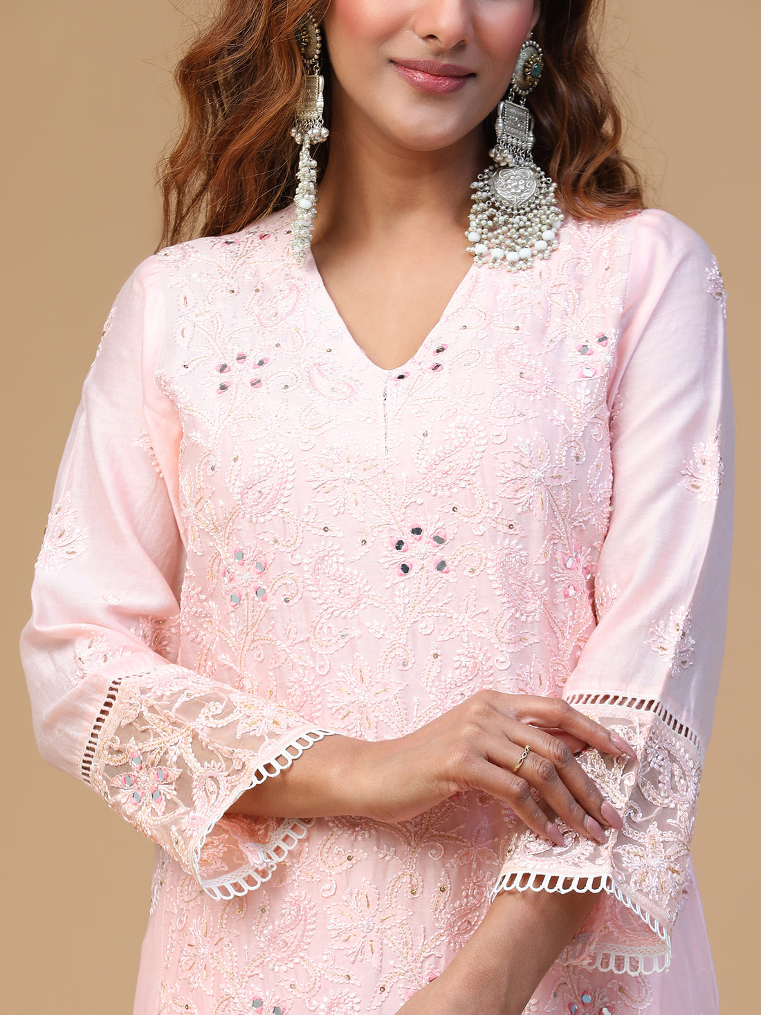 Semal Hand Embroidered Baby pink Chanderi V-Neck with Organza Border Lucknowi Chikankari Kurta Set CH0062