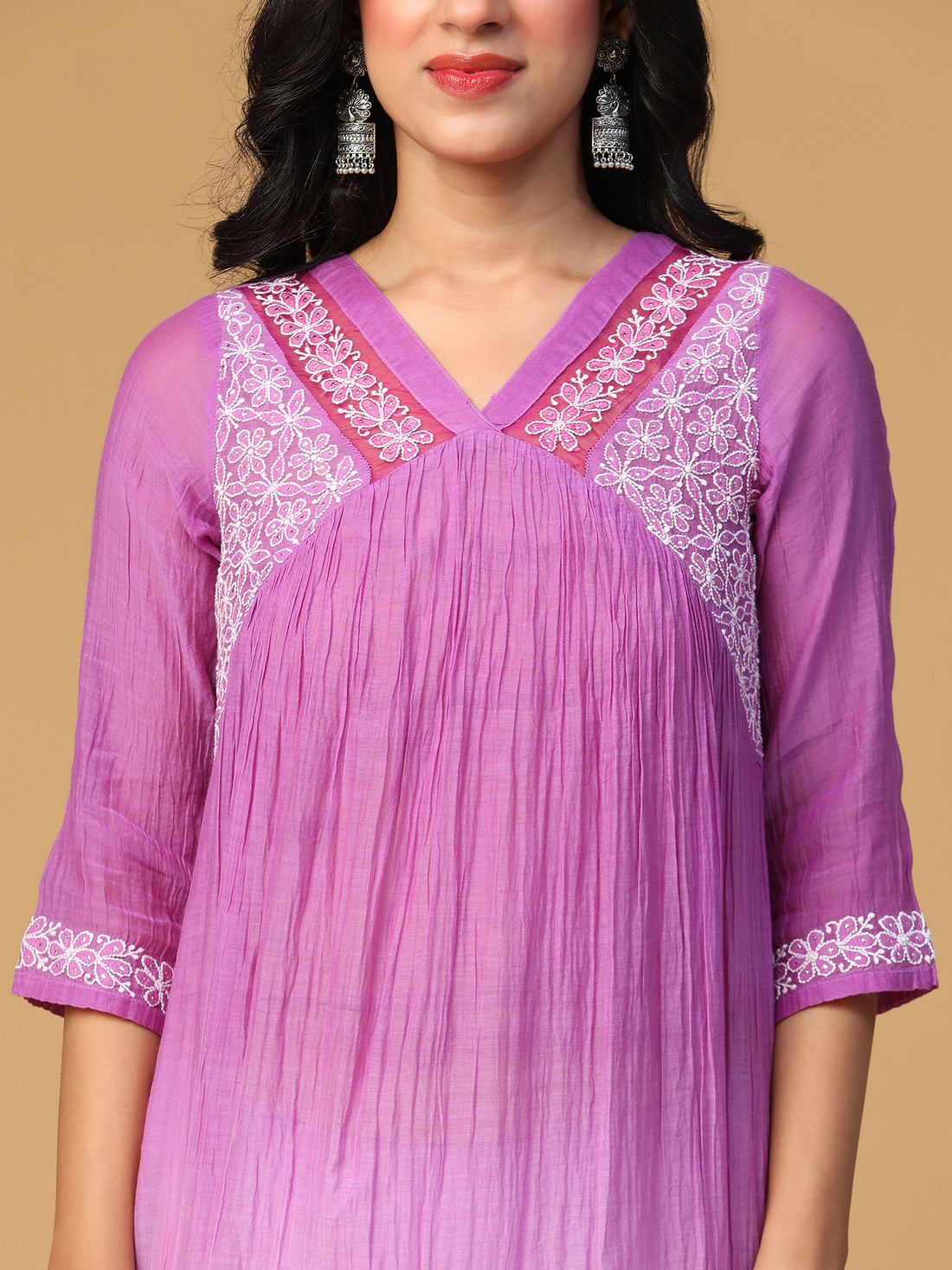 Mul Chanderi yoke gathered organza lace detailing purple chikankari work kurta set