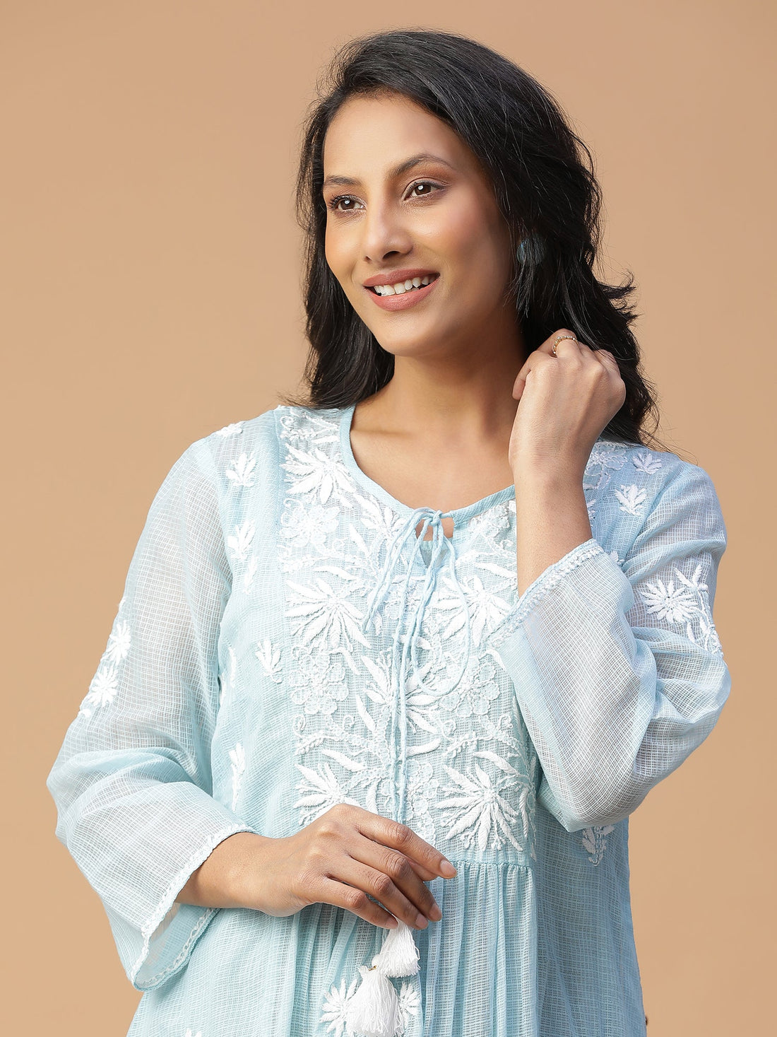 Chikankari Powder blue Kota Cotton Kurta with Neck Dori Delight