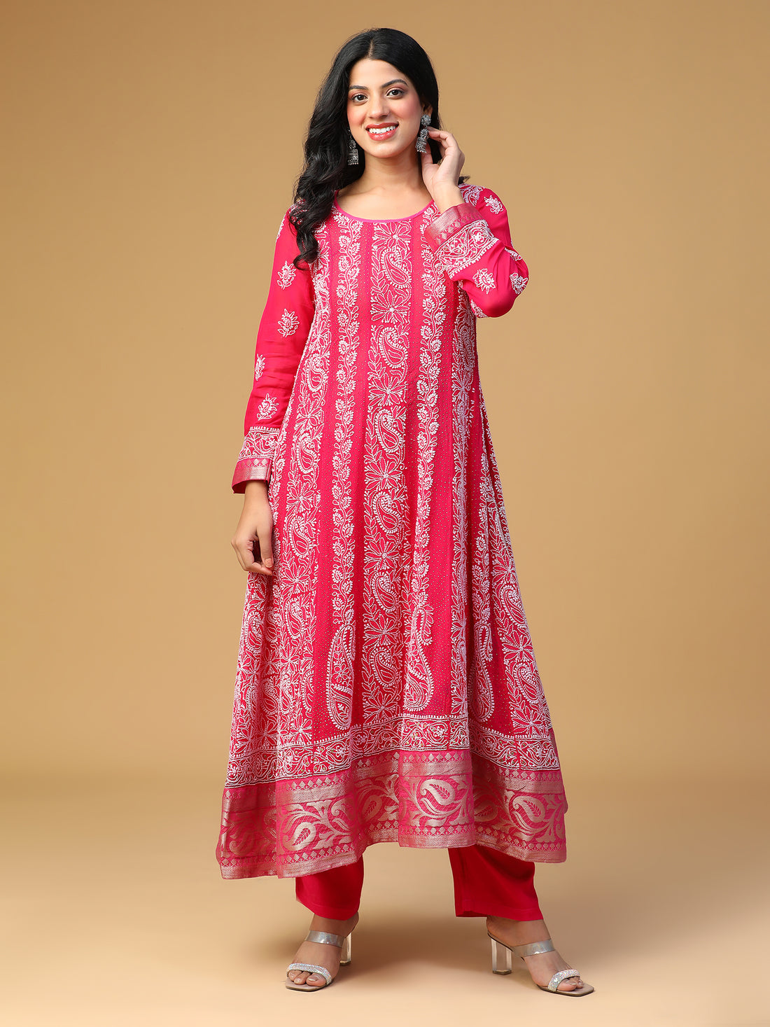 Georgette Anarkali Kurta Set with Chikankari and Mukaish Embellishments