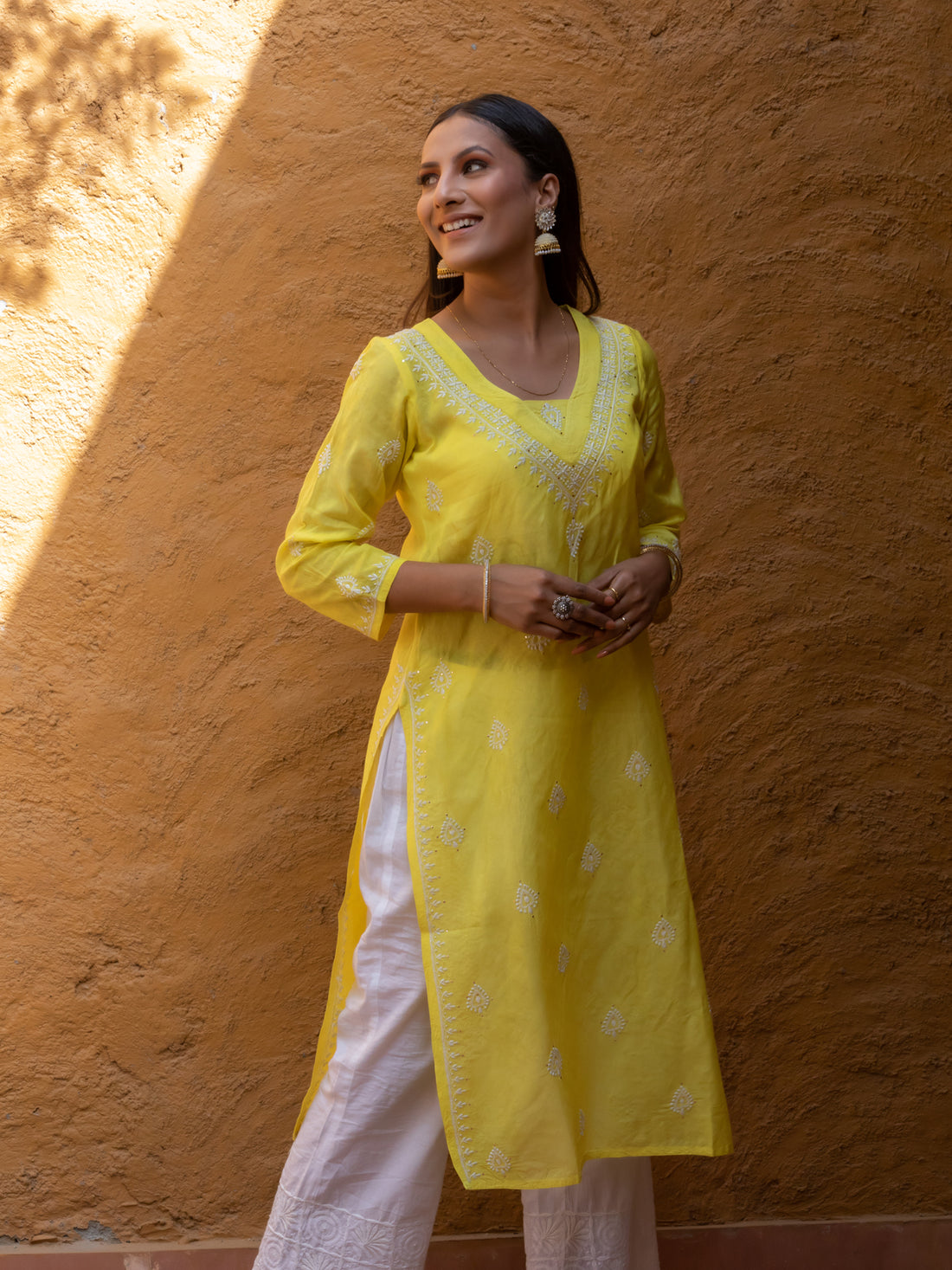 Semal handicrafts Lucknow Chikankari straight yellow kurta