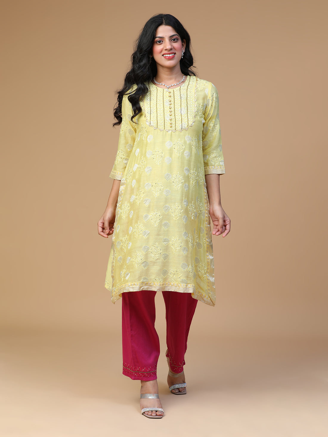 Semal Hand Embroidered Banarsi Chanderi Yoke A-Line Lucknow Chikankari Kurta with Dupatta Set