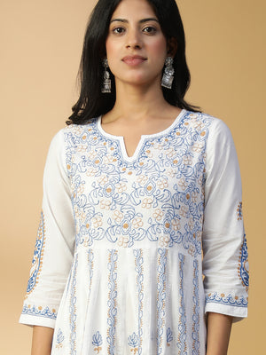 Hand Embroidered Lucknowi Chikankari Cotton Kali White Kurta CH0217B