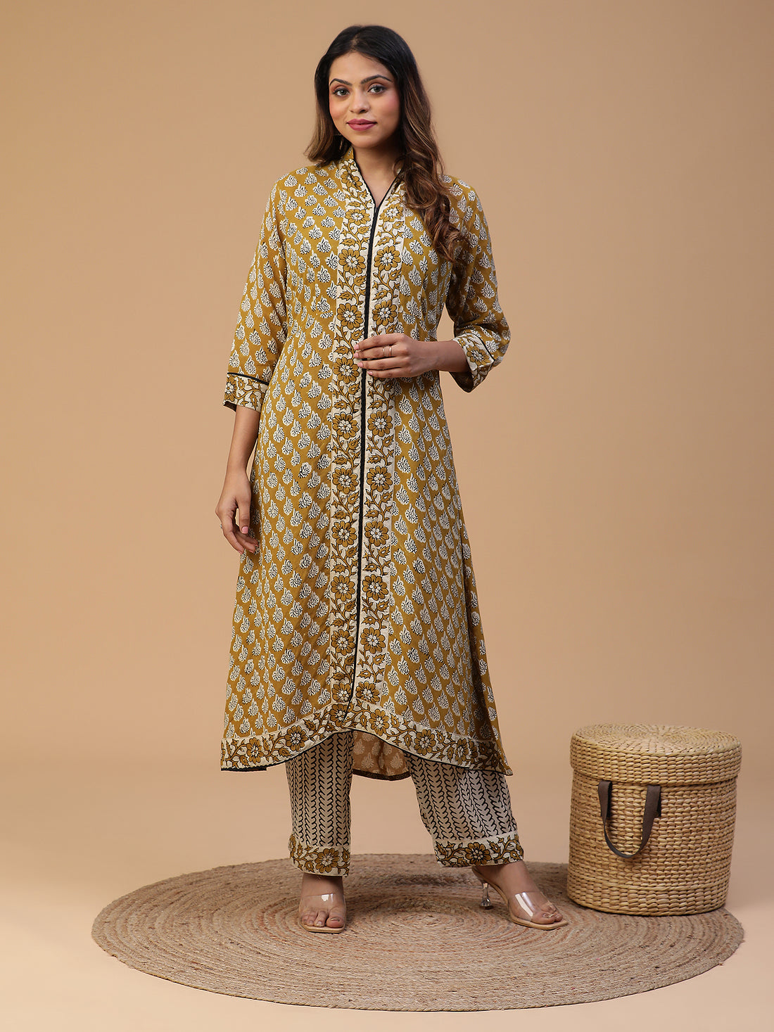 Hand Block Printed Olive Green Straight Front Slit Kurta With Pants and Dupatta Set Blk_009