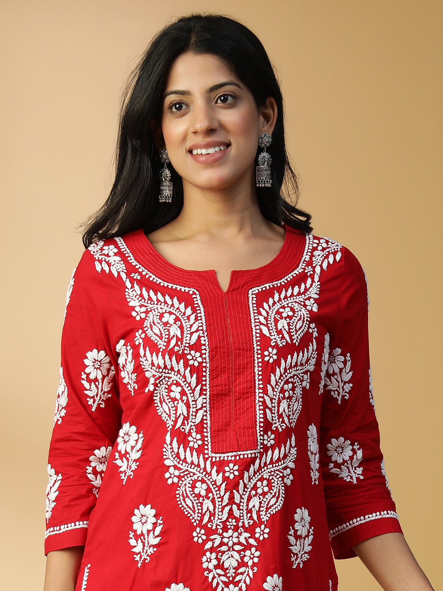 Hand Embroidered Graceful Red Lucknowi Chikankari Cotton Straight Kurta CH0154